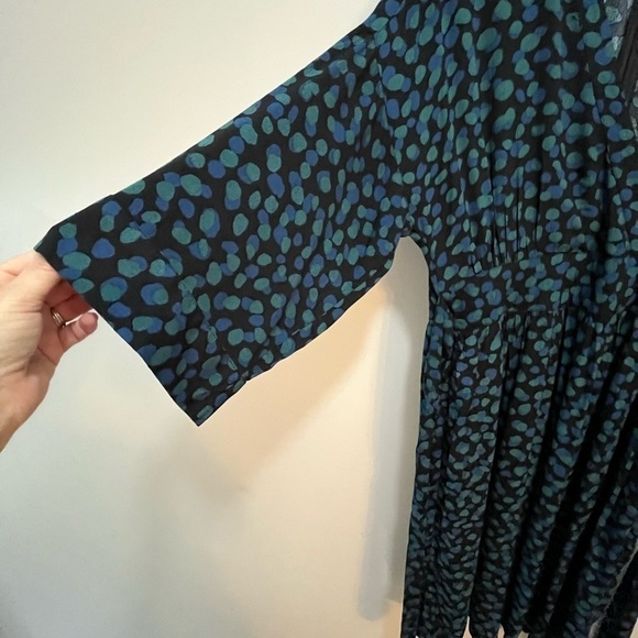 Midi Dress Black Green/Blue Abstract Dots V-Neck Elbow Sleeve Tie Waist Large - Picture 11 of 12